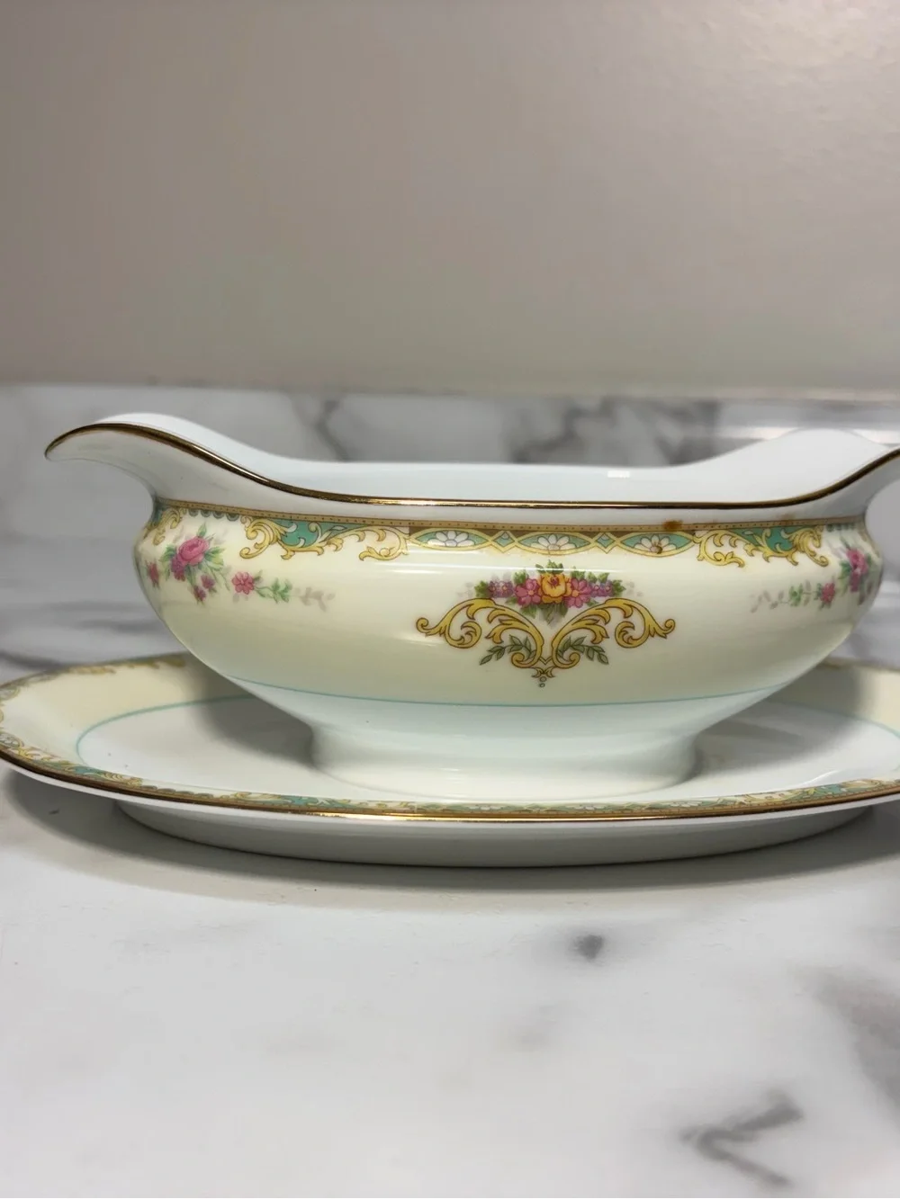 Noritake Fine Porcelain Gravy Boat with Saucer - Cream and Pink Floral 1930s